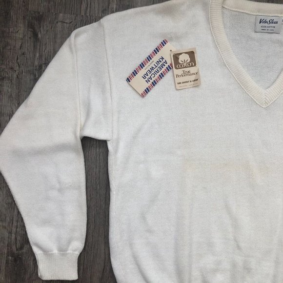 VTG DEADSTOCK Rare Velva Sheen Ivory Cream Snickers Racing V-Neck Sweater Sz XL - Picture 13 of 16
